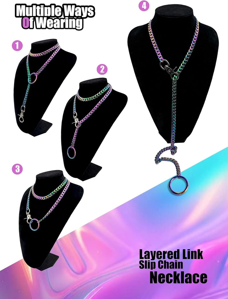 paloli Women's Slip Chain Rainbow Heart O-Ring Chunky Chain Necklace, Rays Cuban Long Layered Jewelry, Adjustable Lariat Y-Necklace Heart Loop Choker - Image 5